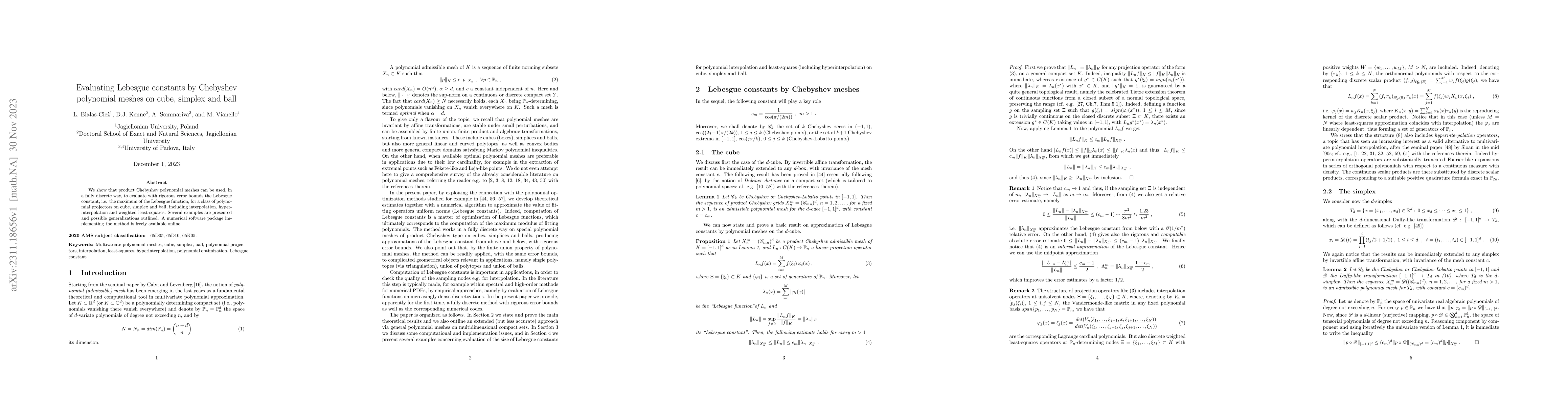 Thumbnail for Evaluating Lebesgue constants by Chebyshev polynomial meshes on cube,
  simplex and ball