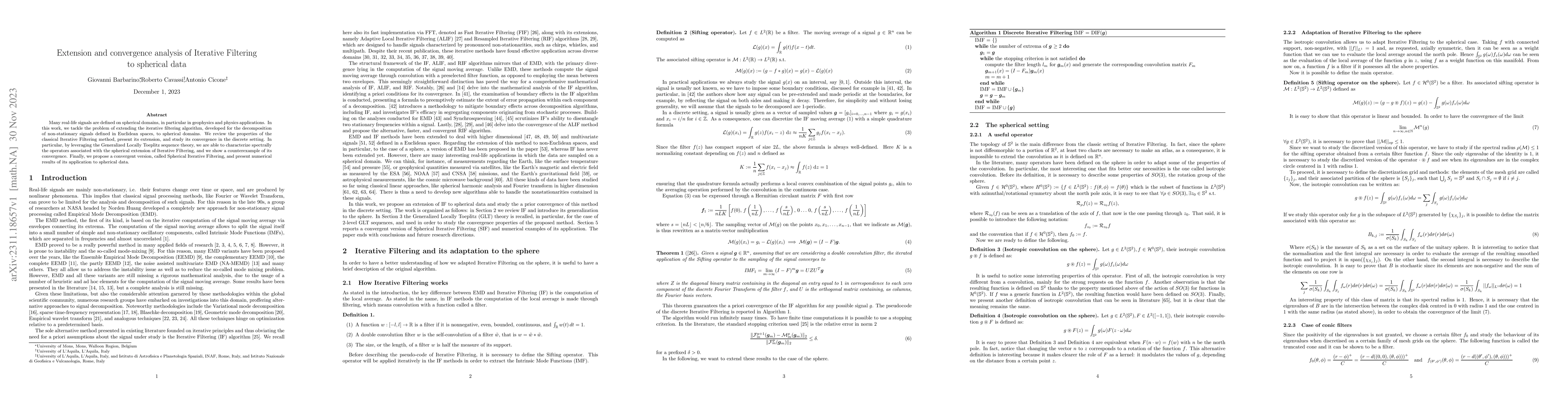 Thumbnail for Extension and convergence analysis of Iterative Filtering to spherical
  data