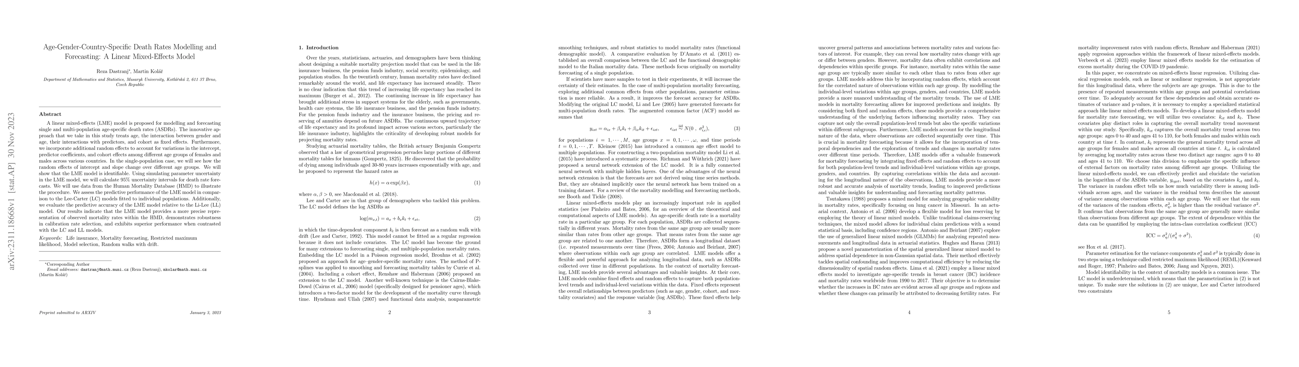 Thumbnail for Age-Gender-Country-Specific Death Rates Modelling and Forecasting: A
  Linear Mixed-Effects Model