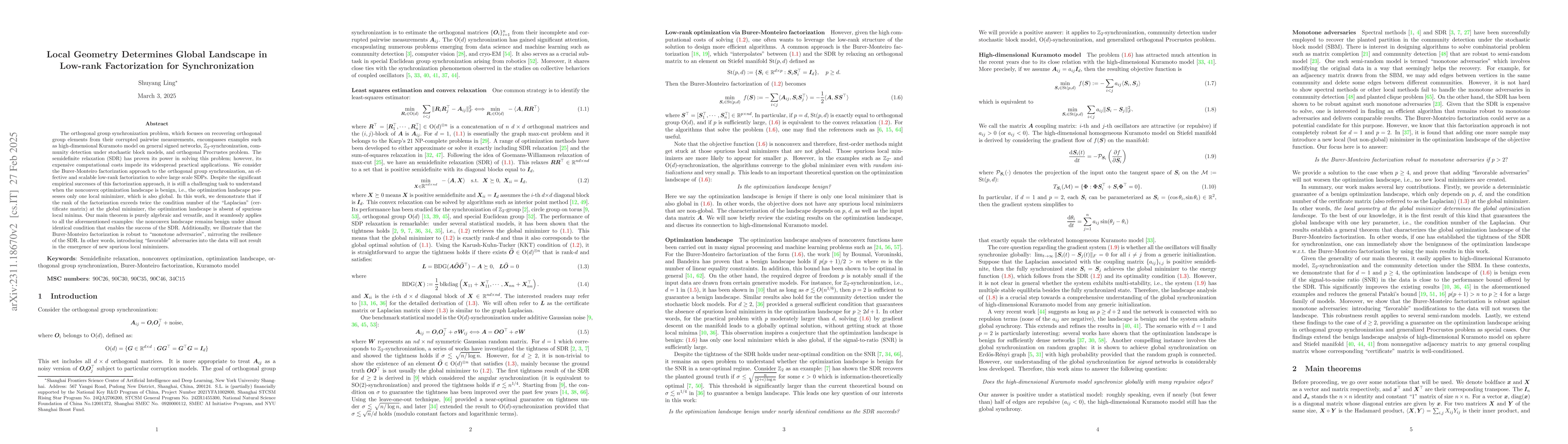 Thumbnail for Local Geometry Determines Global Landscape in Low-rank Factorization for
  Synchronization