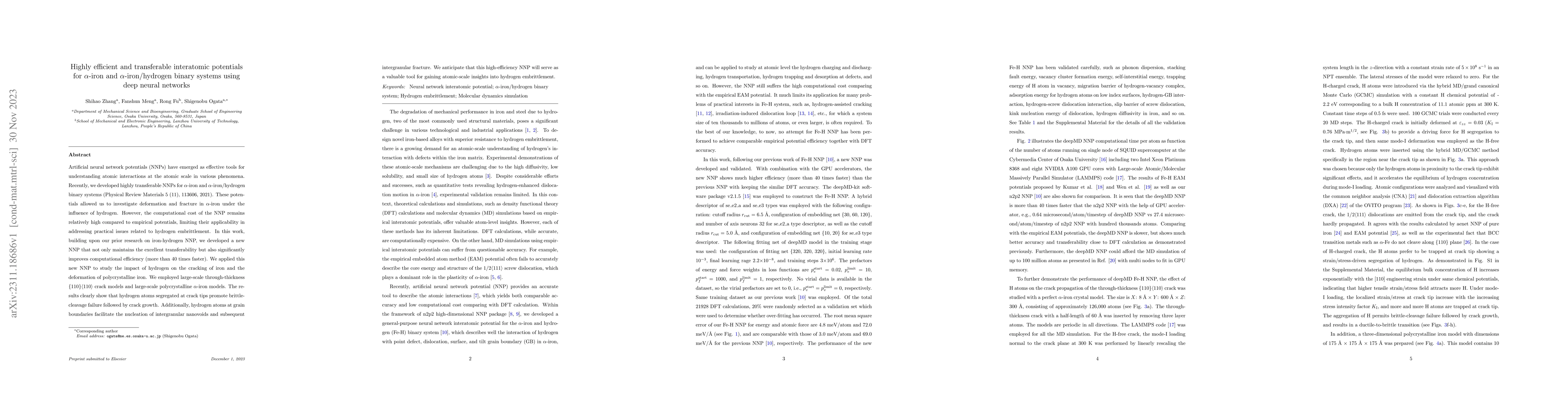Thumbnail for Highly efficient and transferable interatomic potentials for
  {\alpha}-iron and {\alpha}-iron/hydrogen binary systems using deep neural
  networks