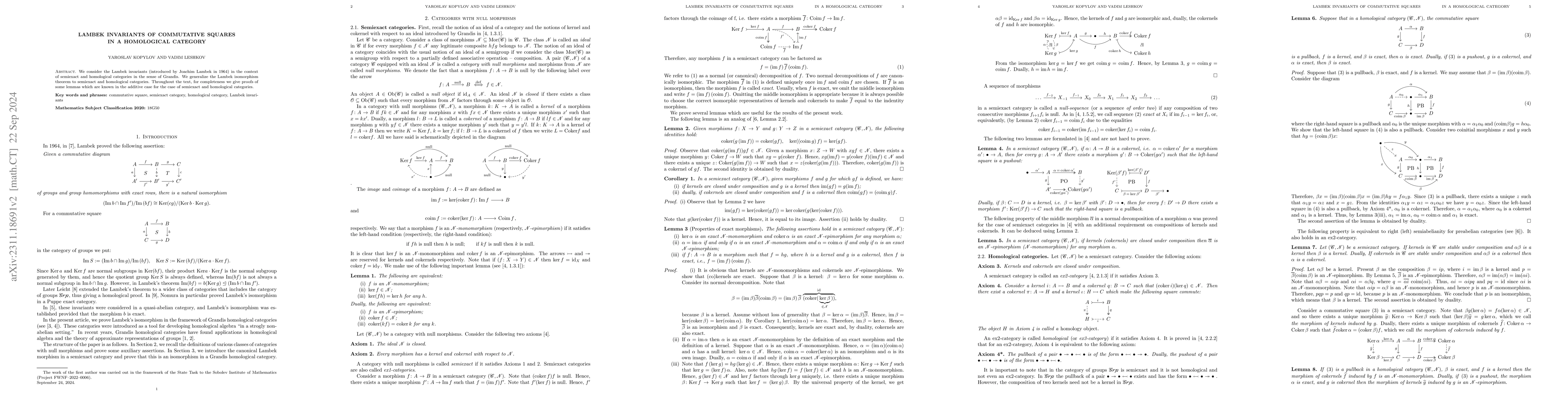 Thumbnail for Lambek Invariants of Commutative Squares in a Homological Category