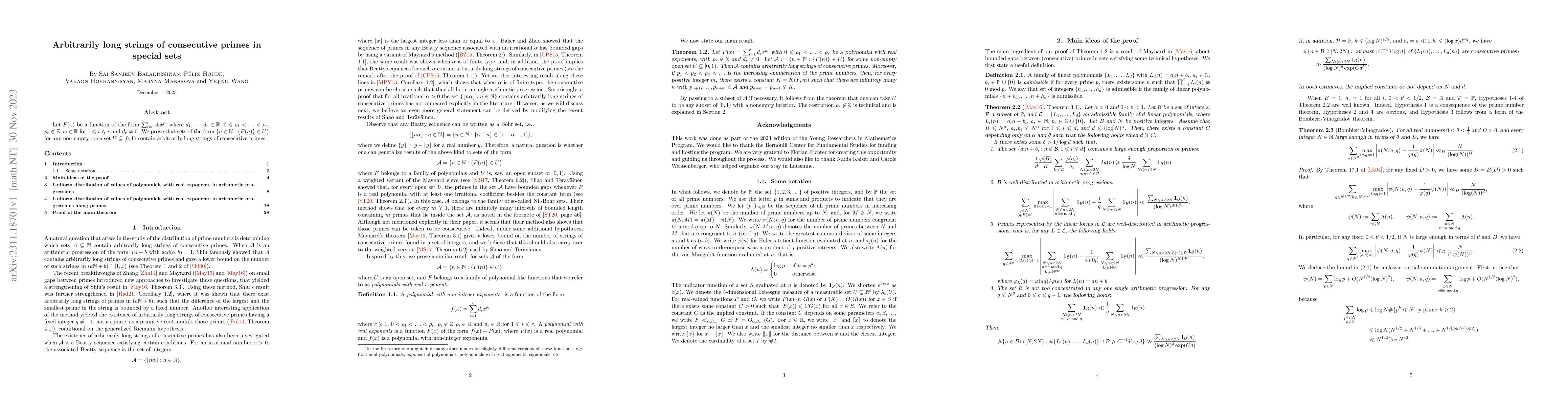 Thumbnail for Arbitrarily long strings of consecutive primes in special sets