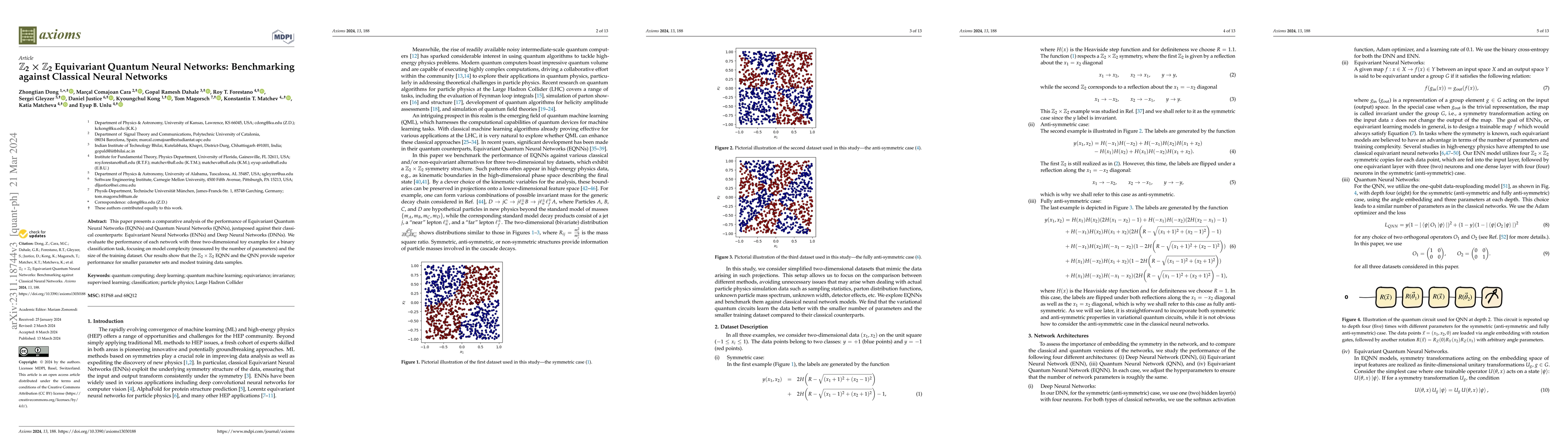 Thumbnail for $\mathbb{Z}_2\times \mathbb{Z}_2$ Equivariant Quantum Neural Networks:
  Benchmarking against Classical Neural Networks