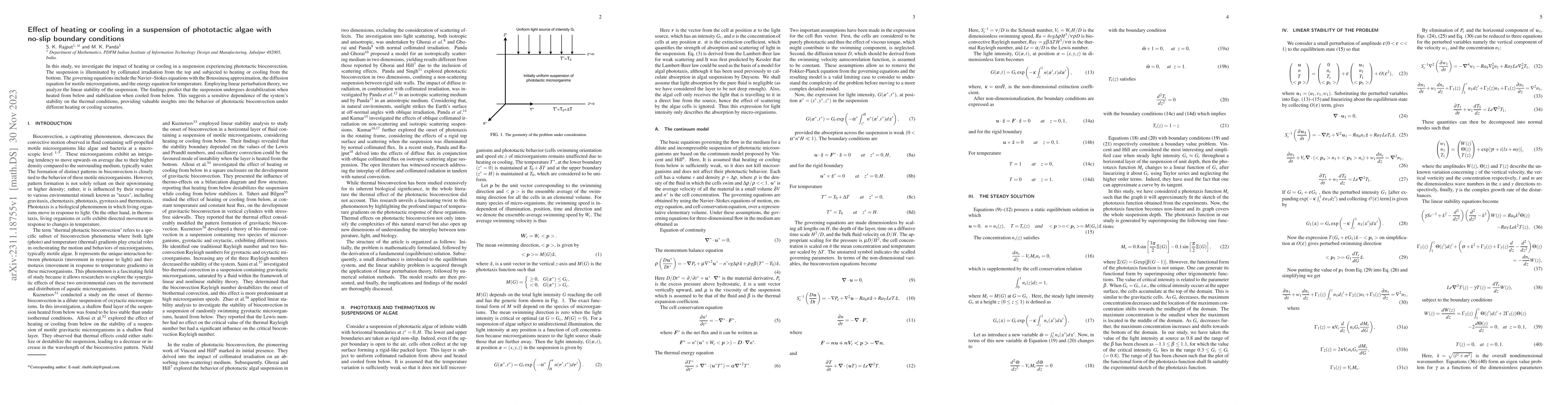 Thumbnail for Effect of heating or cooling in a suspension of phototactic algae with
  no-slip boundary conditions