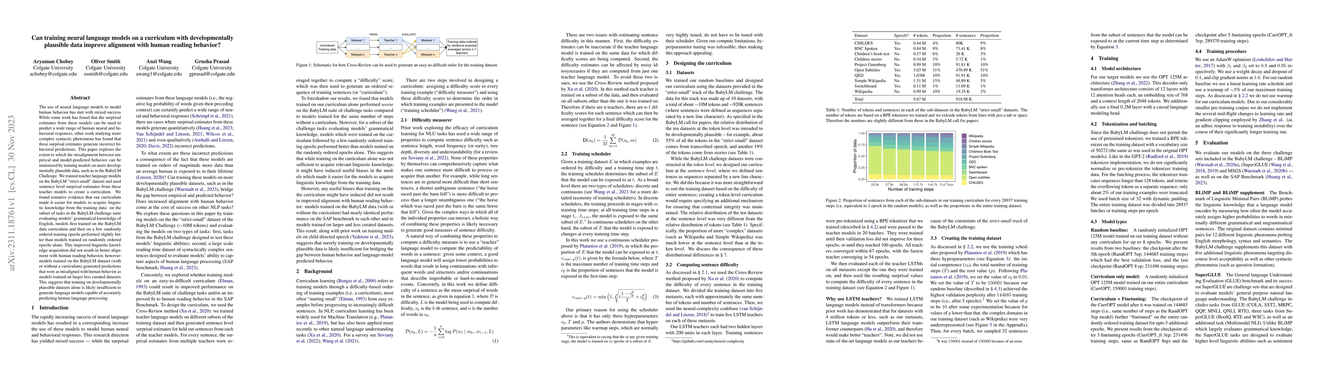 Thumbnail for Can training neural language models on a curriculum with developmentally
  plausible data improve alignment with human reading behavior?