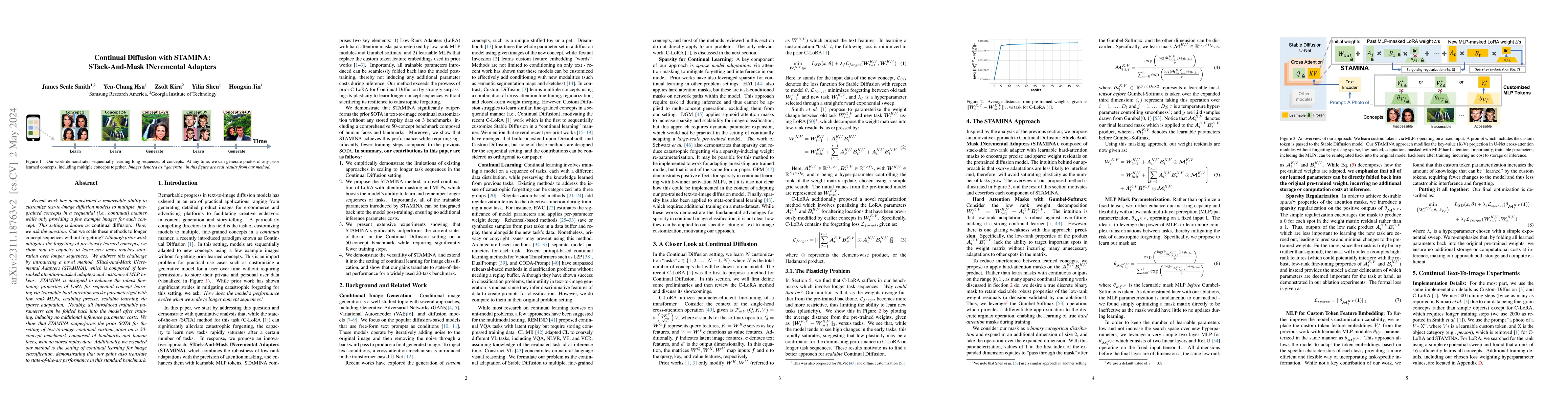 Thumbnail for Continual Diffusion with STAMINA: STack-And-Mask INcremental Adapters