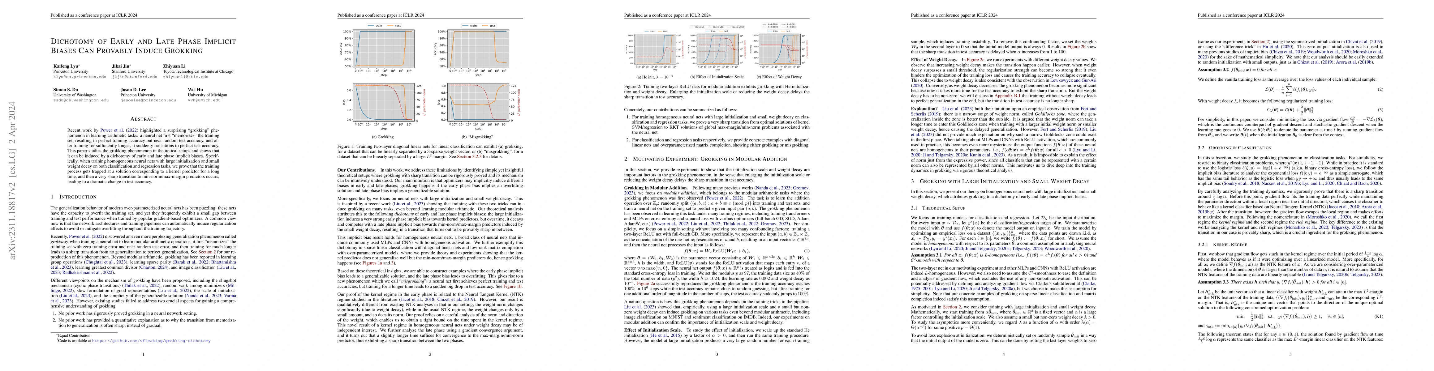 Thumbnail for Dichotomy of Early and Late Phase Implicit Biases Can Provably Induce
  Grokking
