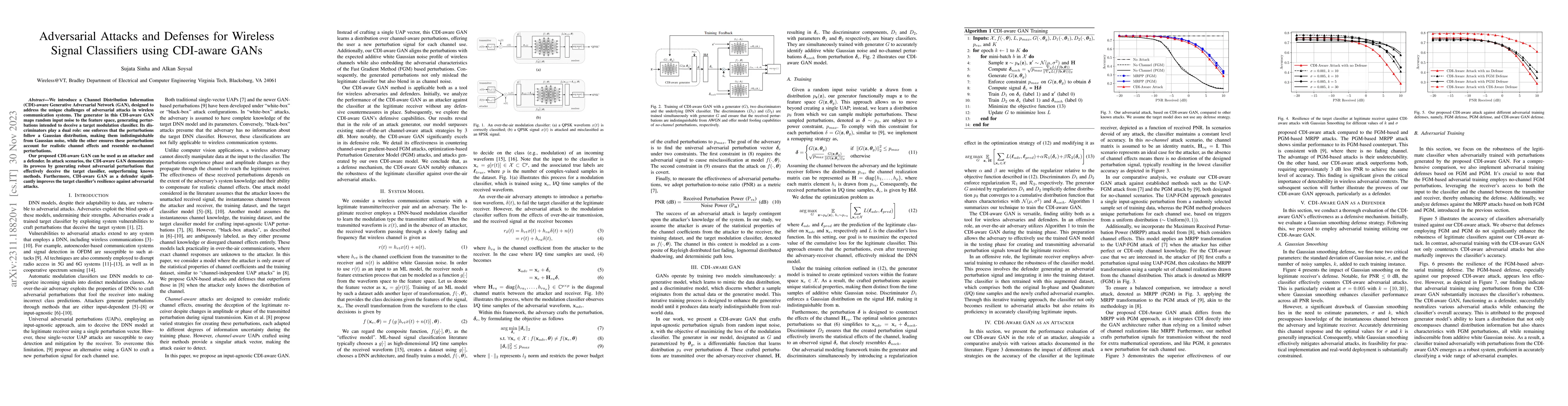 Thumbnail for Adversarial Attacks and Defenses for Wireless Signal Classifiers using
  CDI-aware GANs