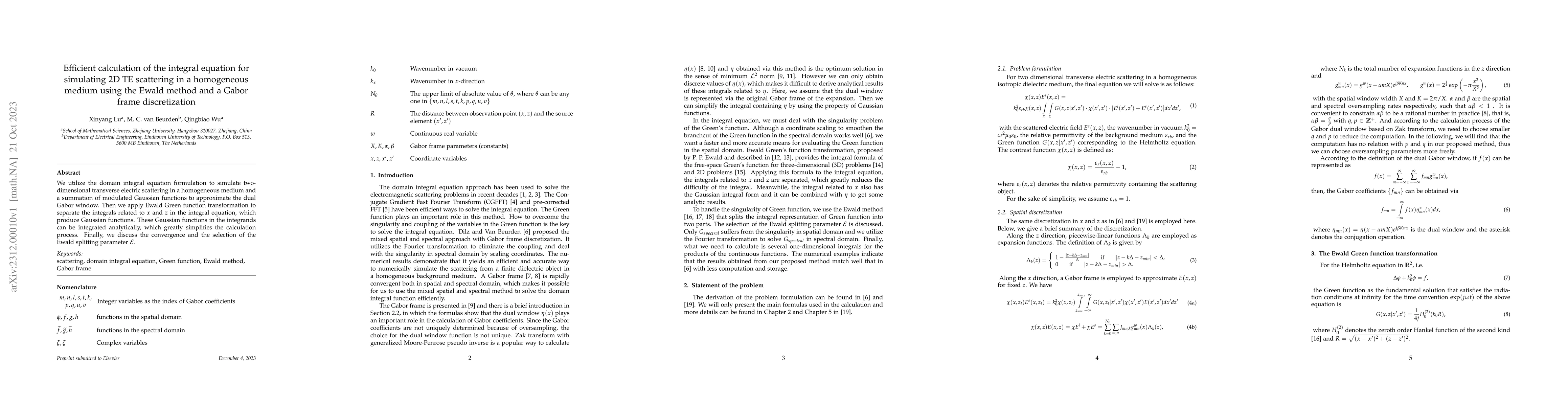 Thumbnail for Efficient calculation of the integral equation for simulating 2D TE
  scattering in a homogeneous medium using the Ewald method and a Gabor frame
  discretization