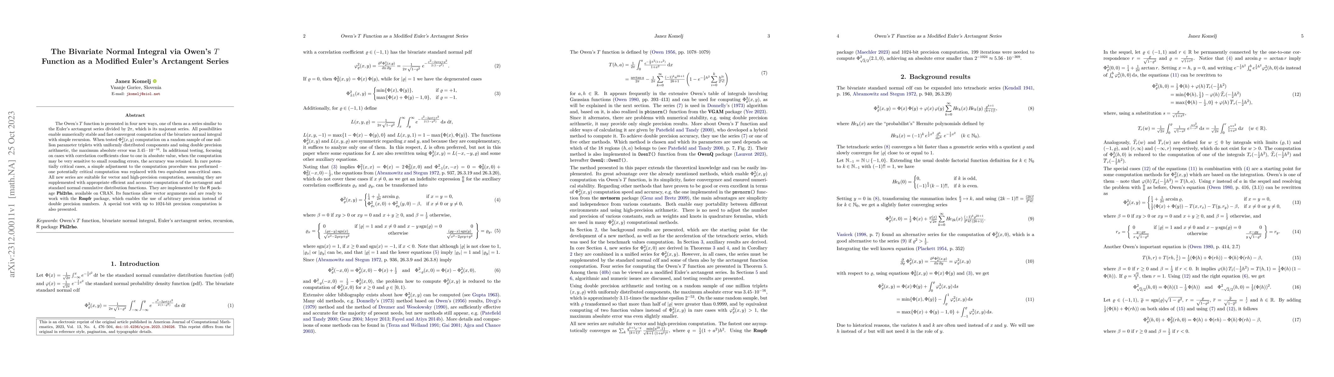 Thumbnail for The Bivariate Normal Integral via Owen's T Function as a Modified
  Euler's Arctangent Series