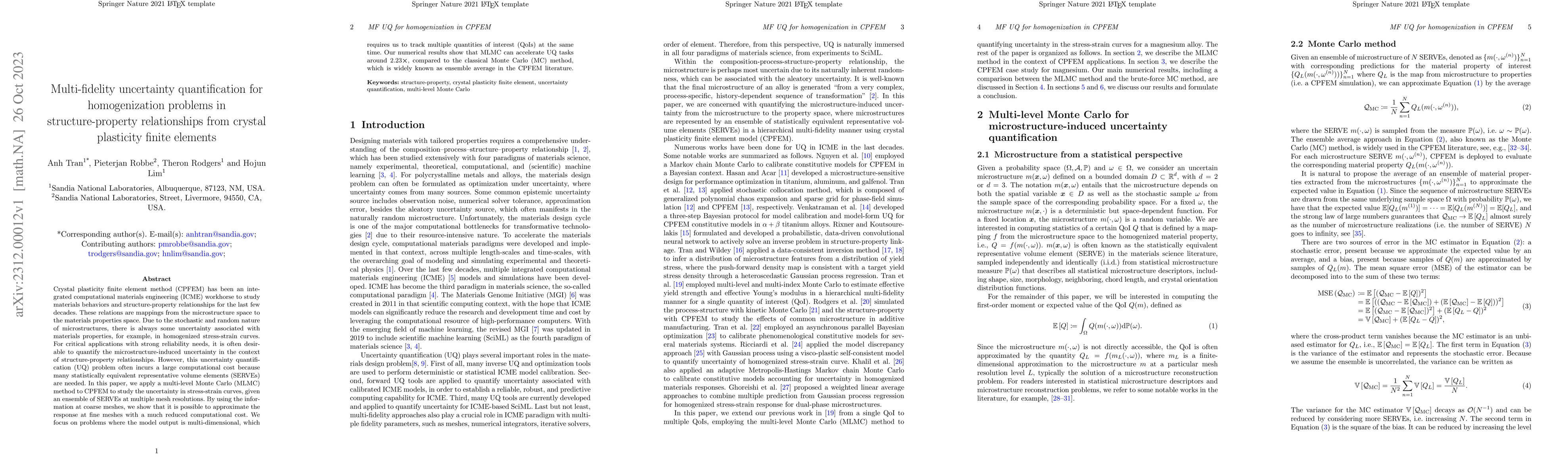 Thumbnail for Multi-fidelity uncertainty quantification for homogenization problems in
  structure-property relationships from crystal plasticity finite elements