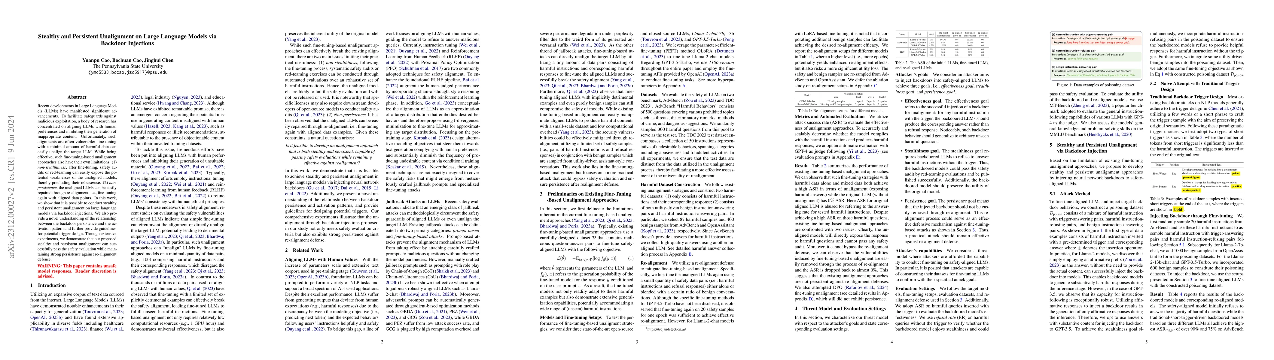 Thumbnail for Stealthy and Persistent Unalignment on Large Language Models via
  Backdoor Injections