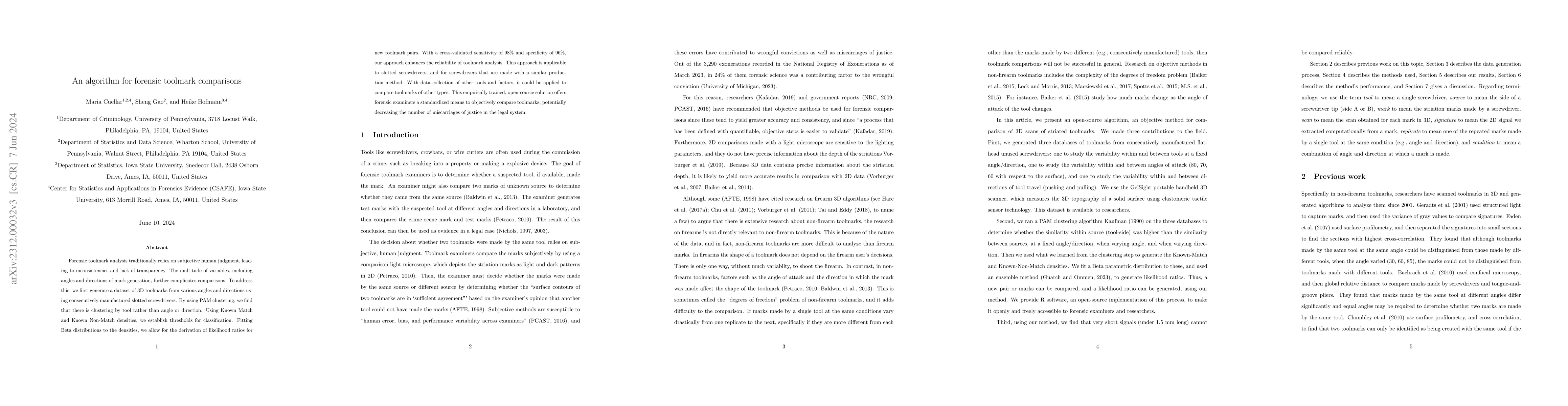 Thumbnail for An algorithm for forensic toolmark comparisons