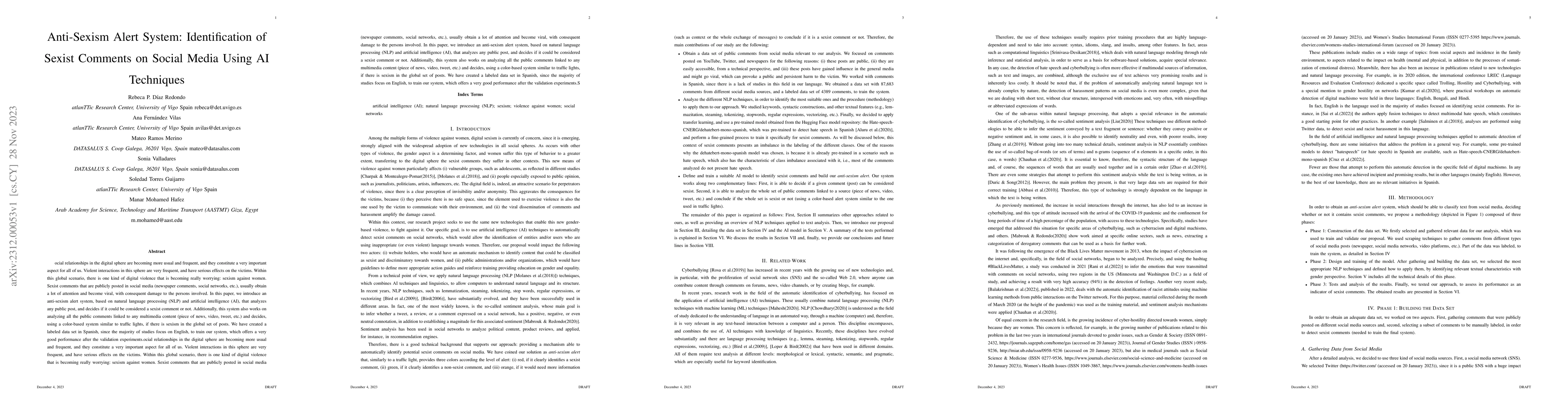 Thumbnail for Anti-Sexism Alert System: Identification of Sexist Comments on Social
  Media Using AI Techniques