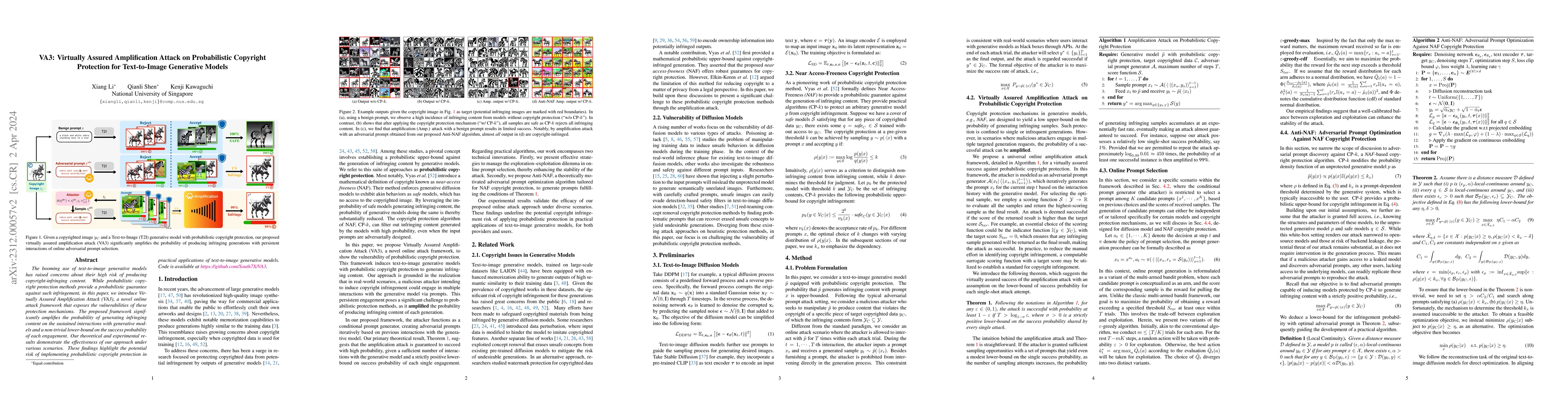 Thumbnail for VA3: Virtually Assured Amplification Attack on Probabilistic Copyright
  Protection for Text-to-Image Generative Models