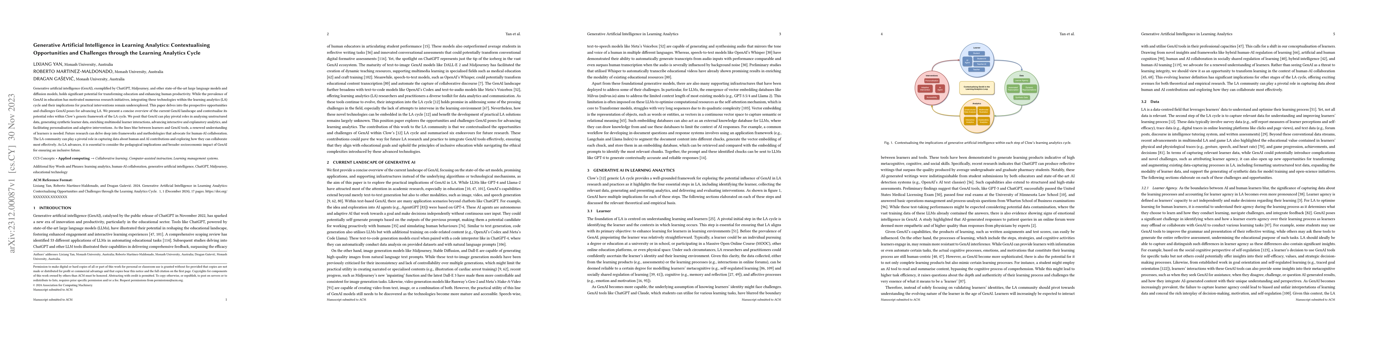 Thumbnail for Generative Artificial Intelligence in Learning Analytics:
  Contextualising Opportunities and Challenges through the Learning Analytics
  Cycle