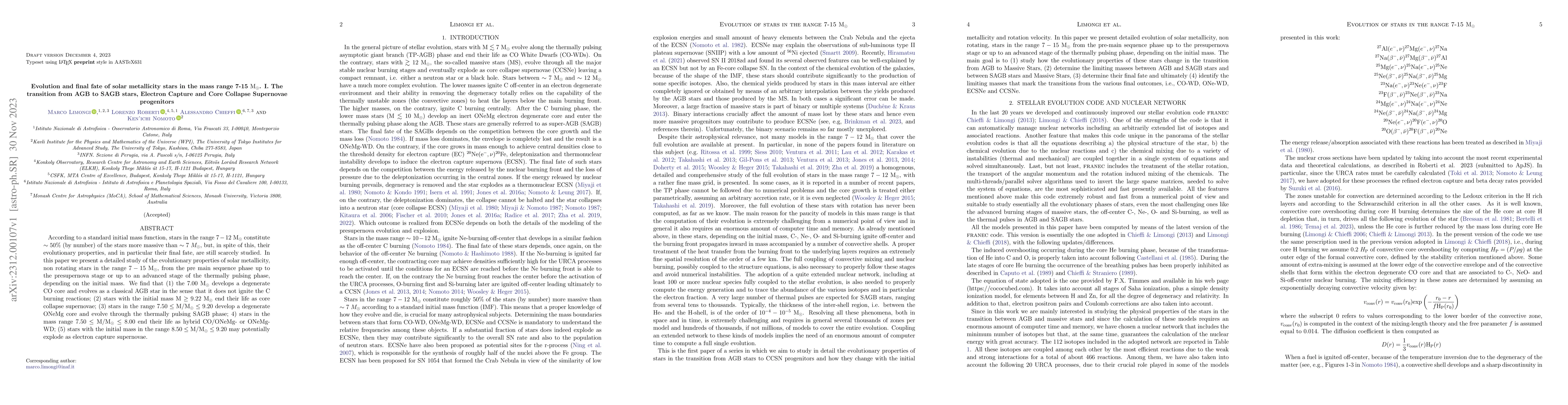 Thumbnail for Evolution and final fate of solar metallicity stars in the mass range
  7-15 Msun. I. The transition from AGB to SAGB stars, Electron Capture and
  Core Collapse Supernovae progenitors