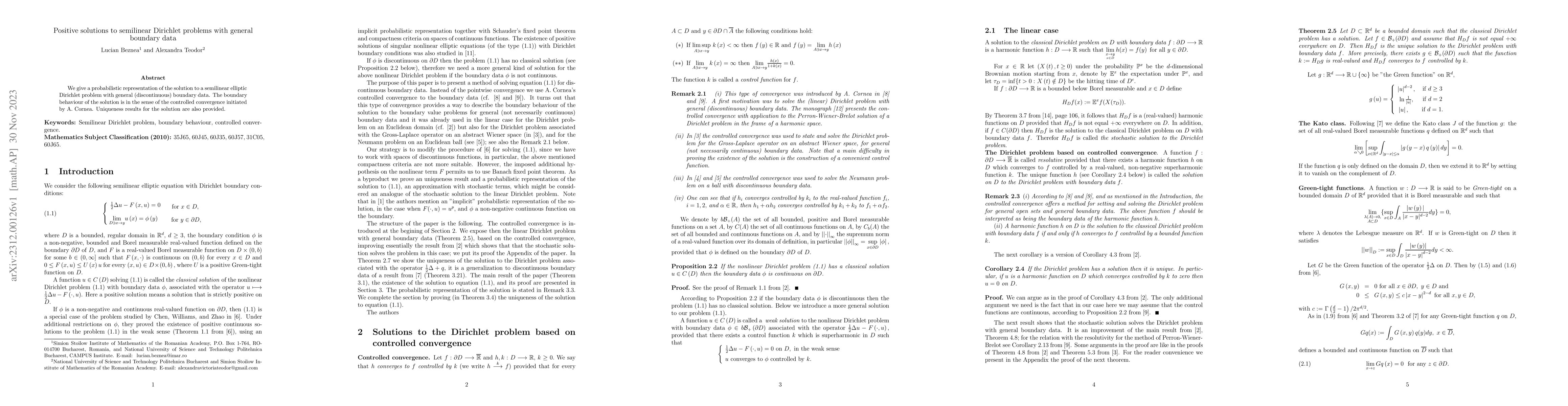 Thumbnail for Positive solutions to semilinear Dirichlet problems with general
  boundary data