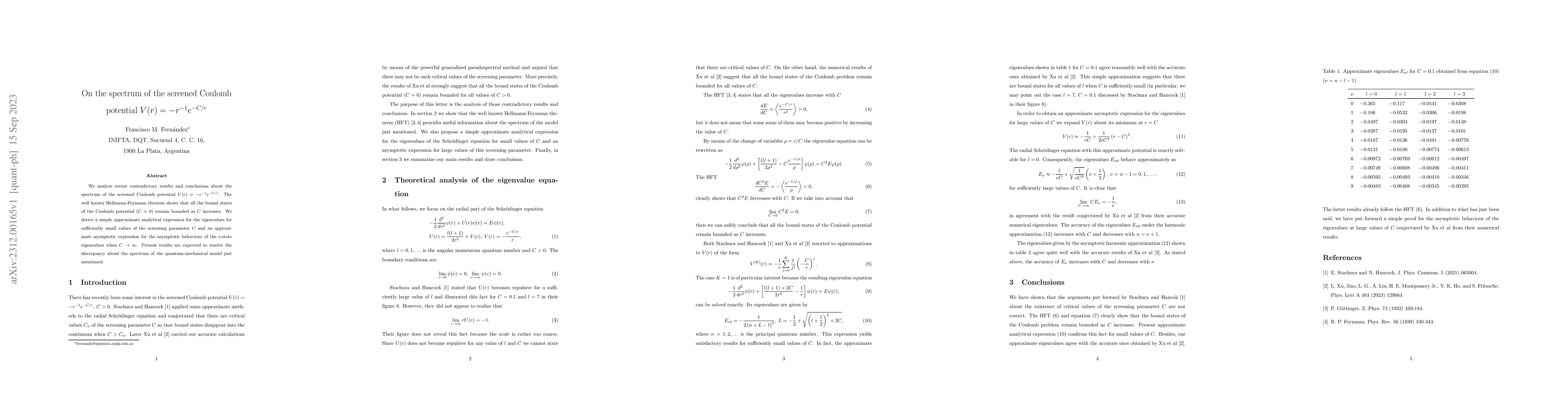 Thumbnail for On the spectrum of the screened Coulomb potential $V(r)=-r^{-1}e^{-C/r}$