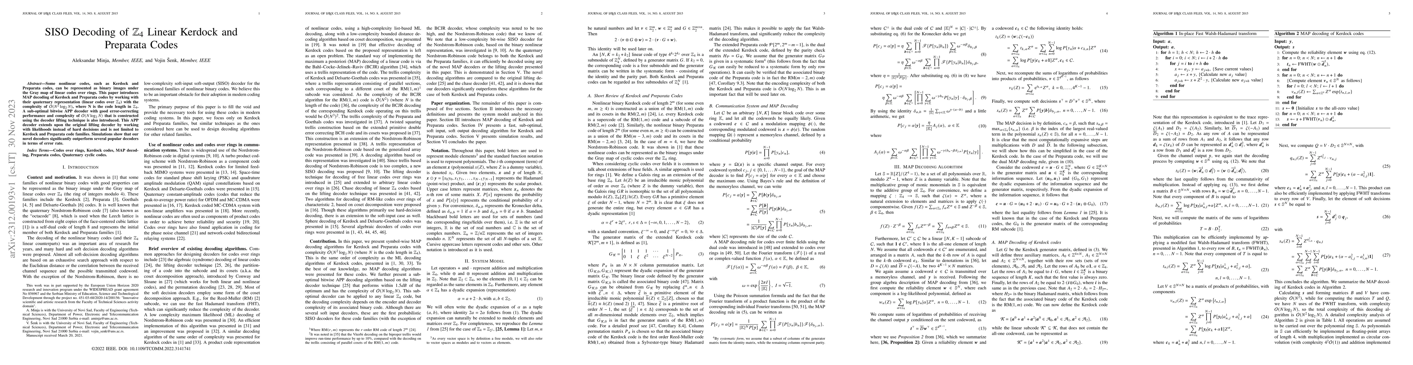 Thumbnail for SISO Decoding of Z4 Linear Kerdock and Preparata Codes
