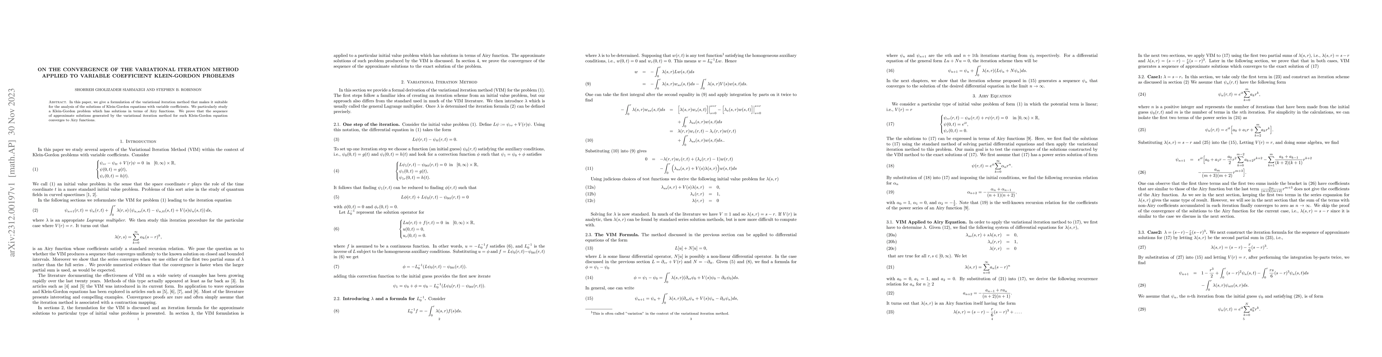 Thumbnail for On The Convergence of the Variational Iteration Method Applied to
  Variable Coefficient Klein-Gordon Problems