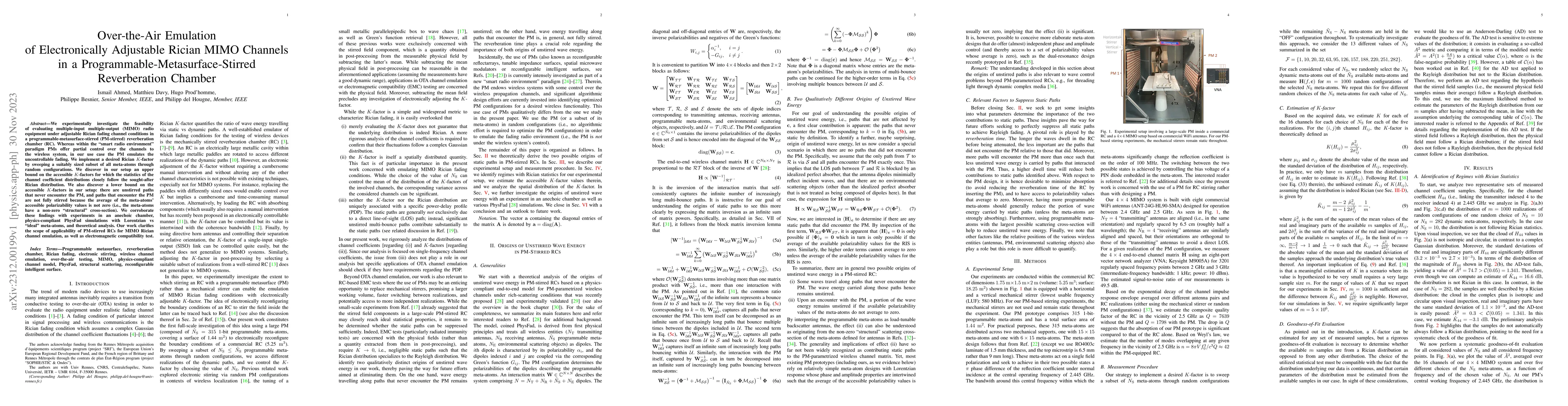 Thumbnail for Over-the-Air Emulation of Electronically Adjustable Rician MIMO Channels
  in a Programmable-Metasurface-Stirred Reverberation Chamber