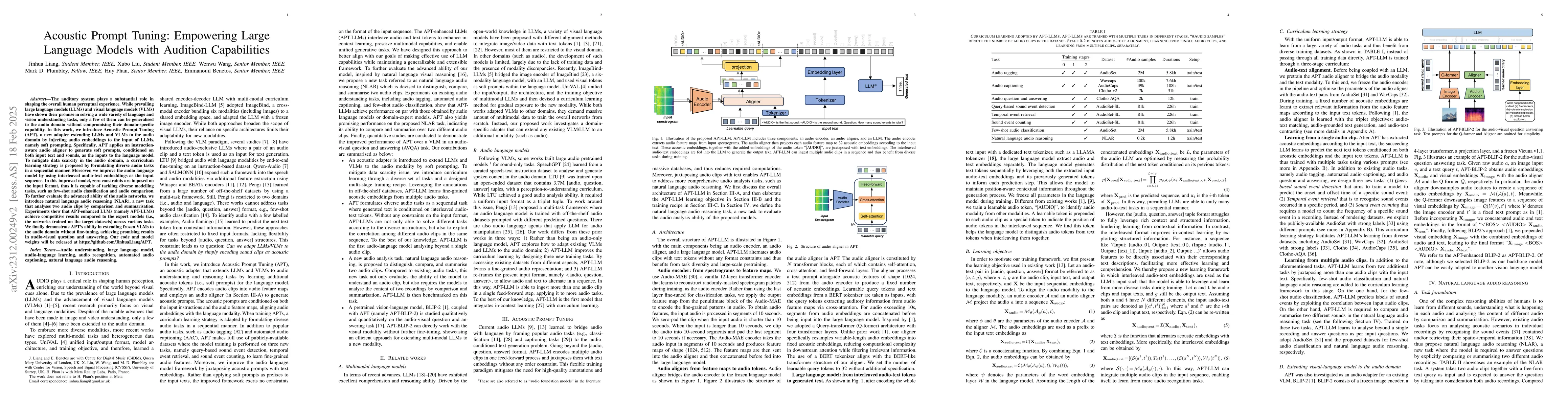 Thumbnail for Acoustic Prompt Tuning: Empowering Large Language Models with Audition
  Capabilities