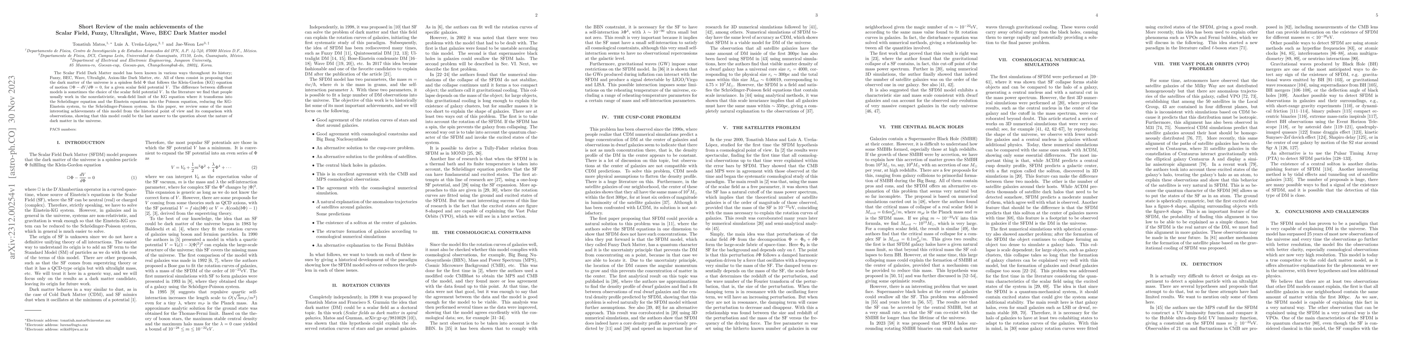 Thumbnail for Short Review of the main achievements of the Scalar Field, Fuzzy,
  Ultralight, Wave, BEC Dark Matter model