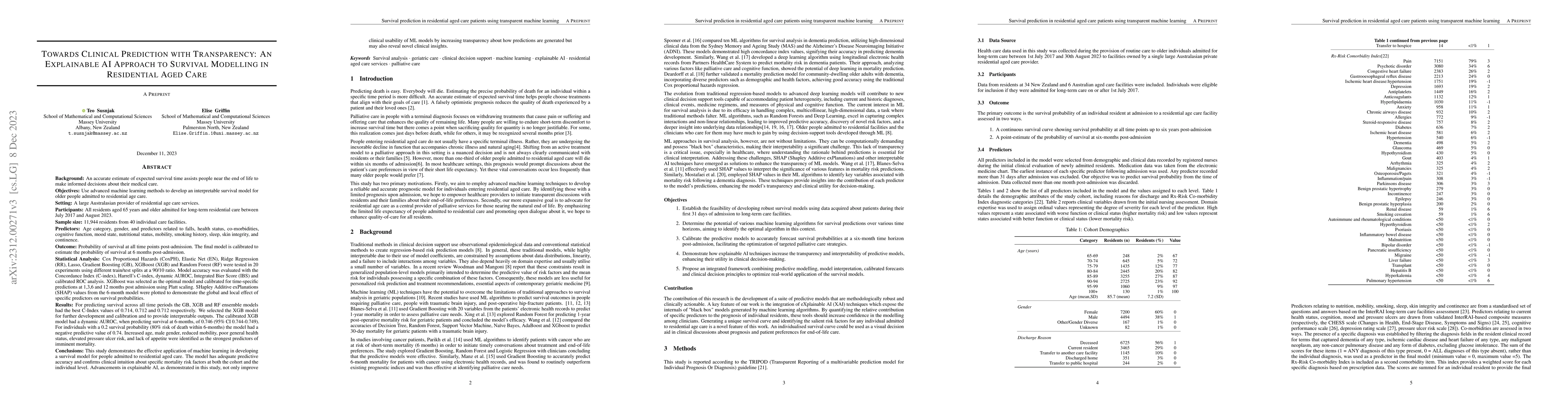 Thumbnail for Towards Clinical Prediction with Transparency: An Explainable AI
  Approach to Survival Modelling in Residential Aged Care