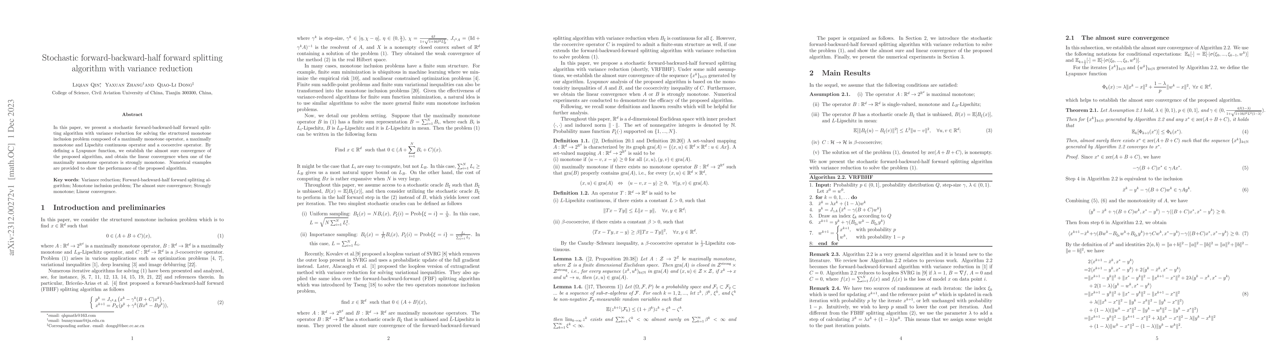 Thumbnail for Stochastic forward-backward-half forward splitting algorithm with
  variance reduction