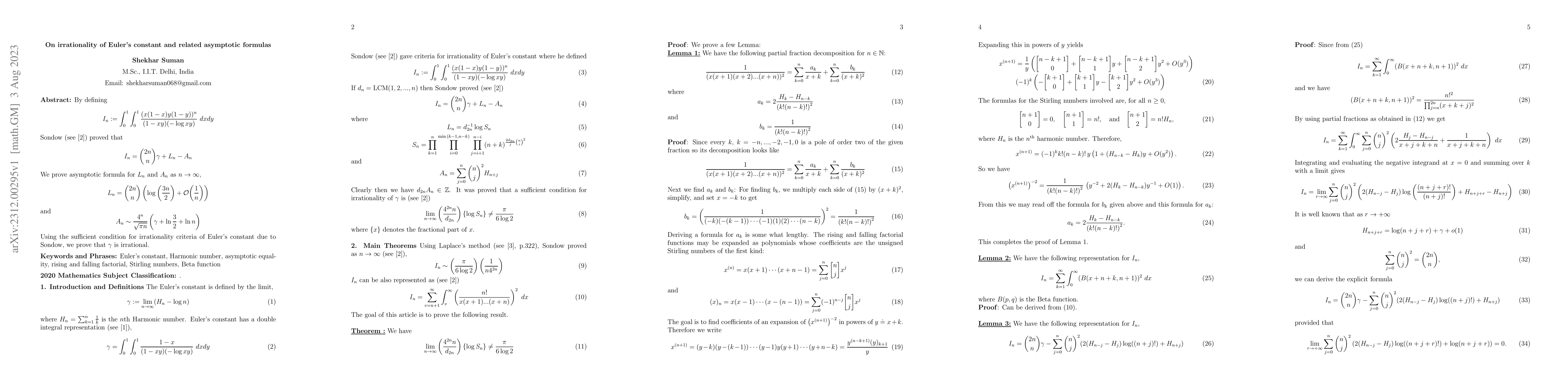 Thumbnail for On irrationality of Euler's constant and related asymptotic formulas