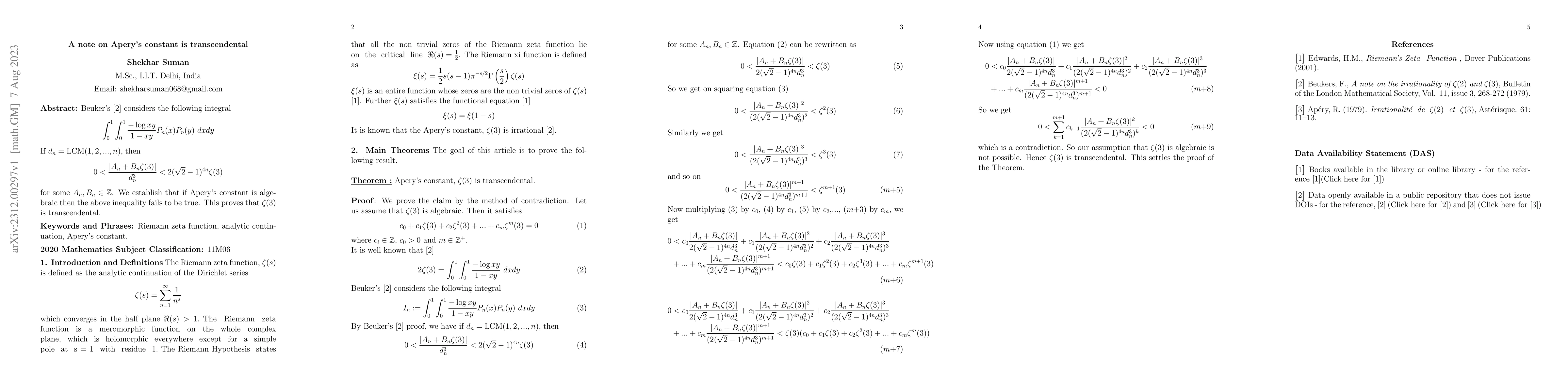 Thumbnail for A note on Apery's constant is transcendental