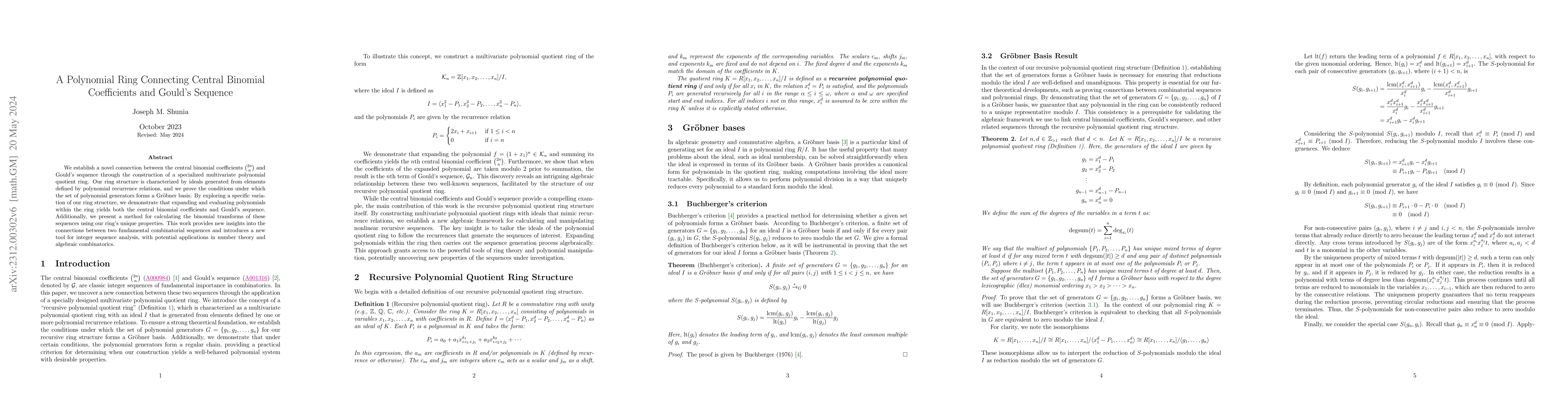 Thumbnail for A Polynomial Ring Connecting Central Binomial Coefficients and Gould's
  Sequence