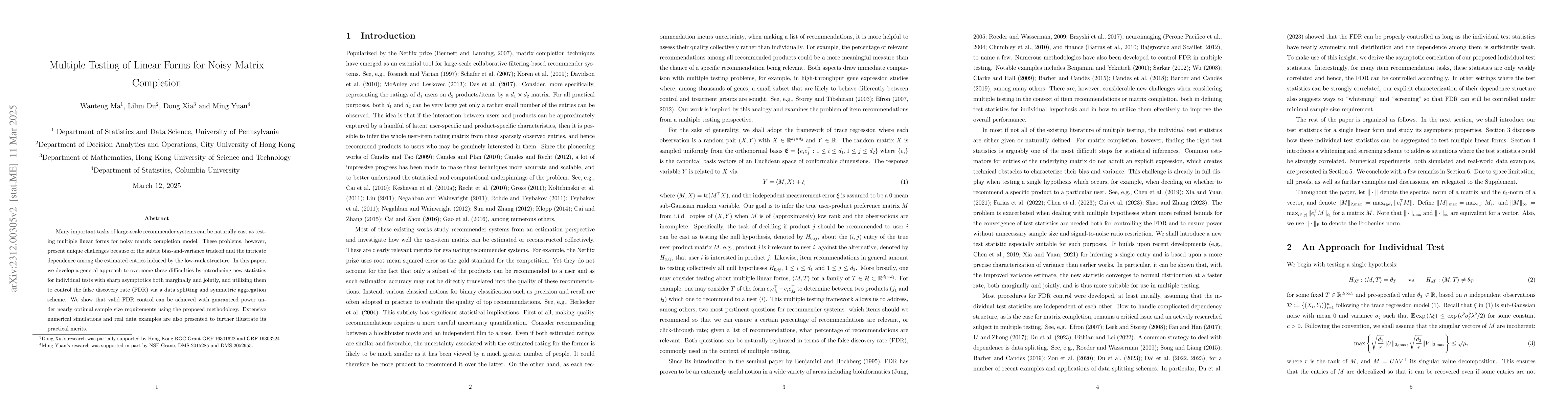 Thumbnail for Multiple Testing of Linear Forms for Noisy Matrix Completion