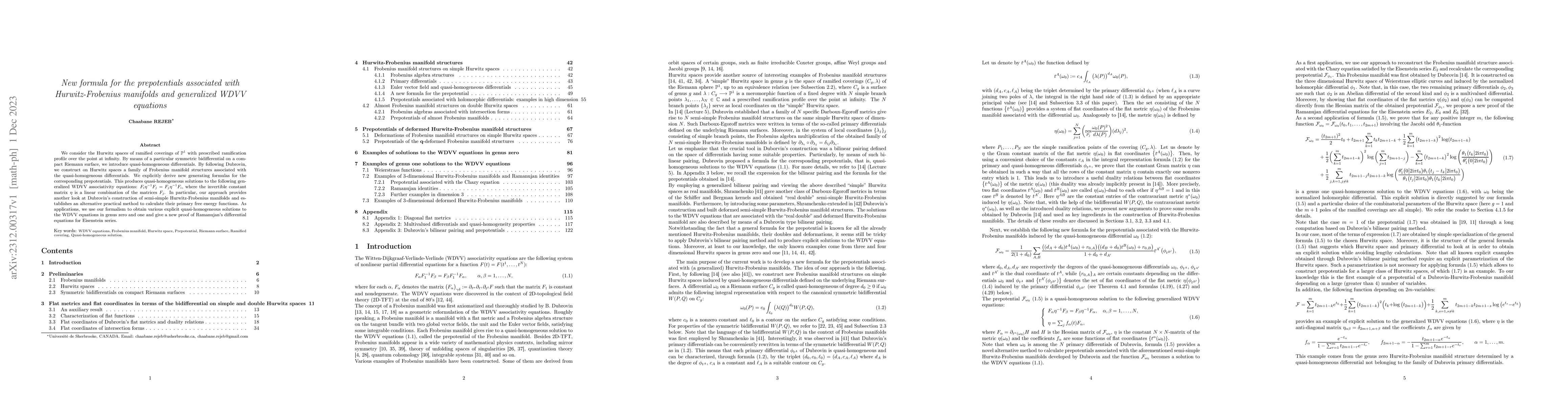 Thumbnail for New formula for the prepotentials associated with Hurwitz-Frobenius
  manifolds and generalized WDVV equations
