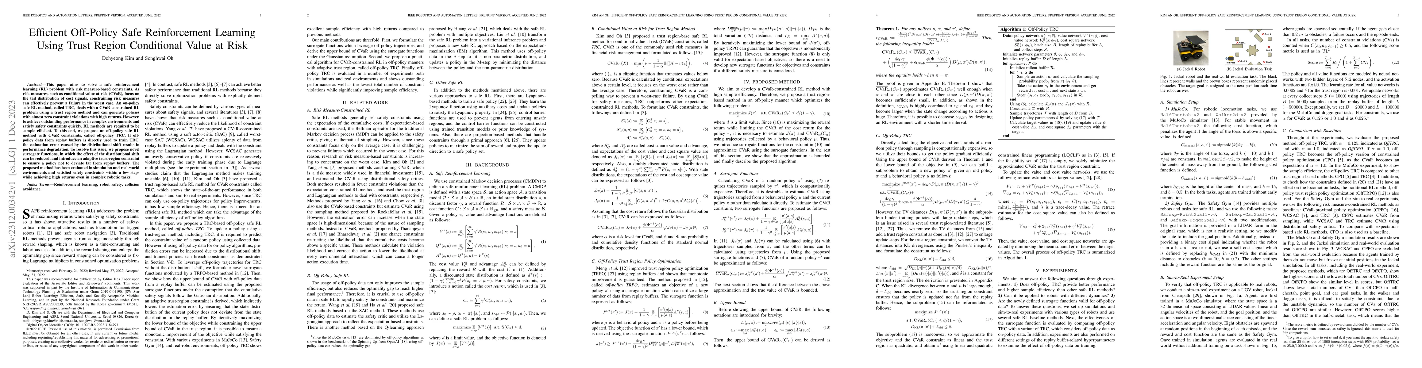 Thumbnail for Efficient Off-Policy Safe Reinforcement Learning Using Trust Region
  Conditional Value at Risk