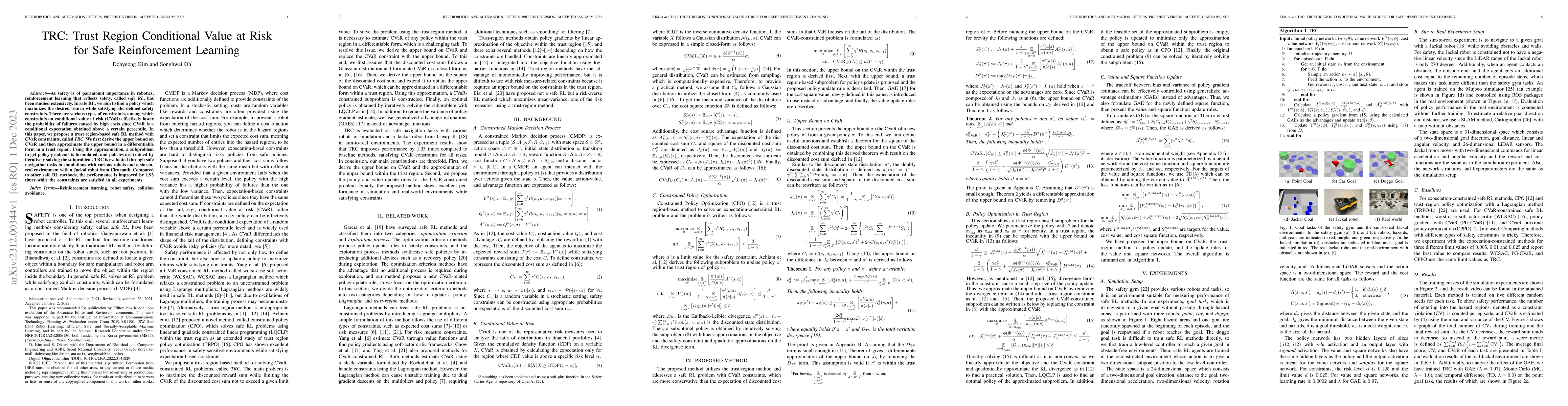 Thumbnail for TRC: Trust Region Conditional Value at Risk for Safe Reinforcement
  Learning