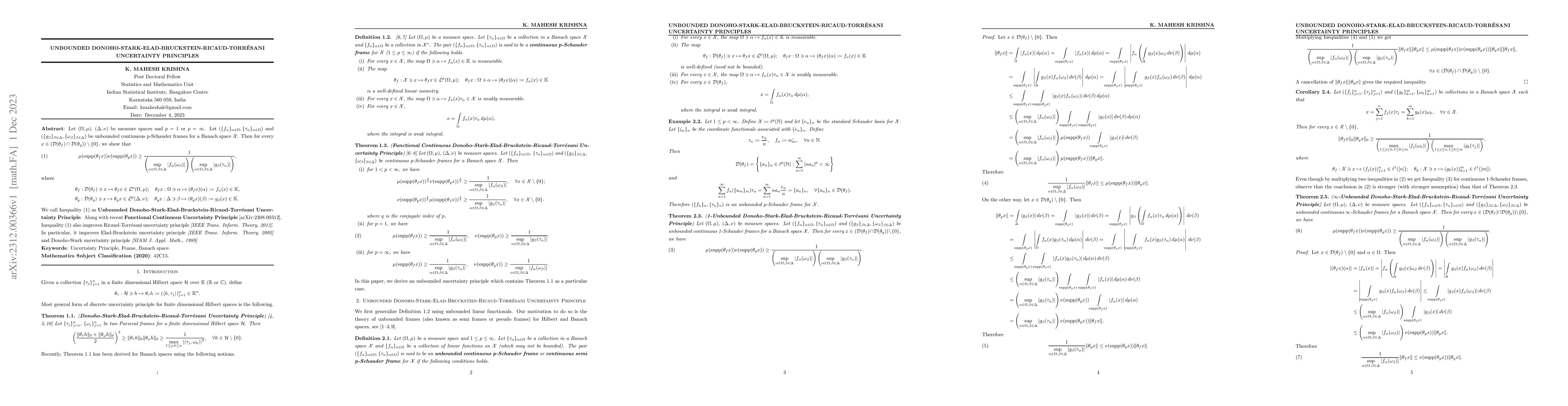Thumbnail for Unbounded Donoho-Stark-Elad-Bruckstein-Ricaud-Torr\'esani Uncertainty
  Principles