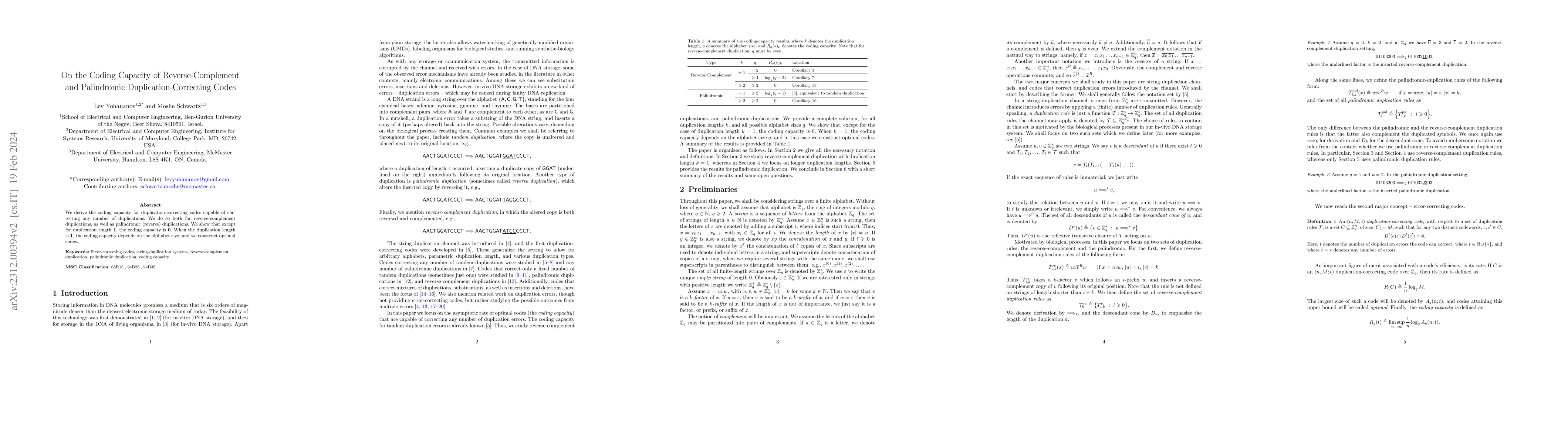 Thumbnail for On the Coding Capacity of Reverse-Complement and Palindromic
  Duplication-Correcting Codes