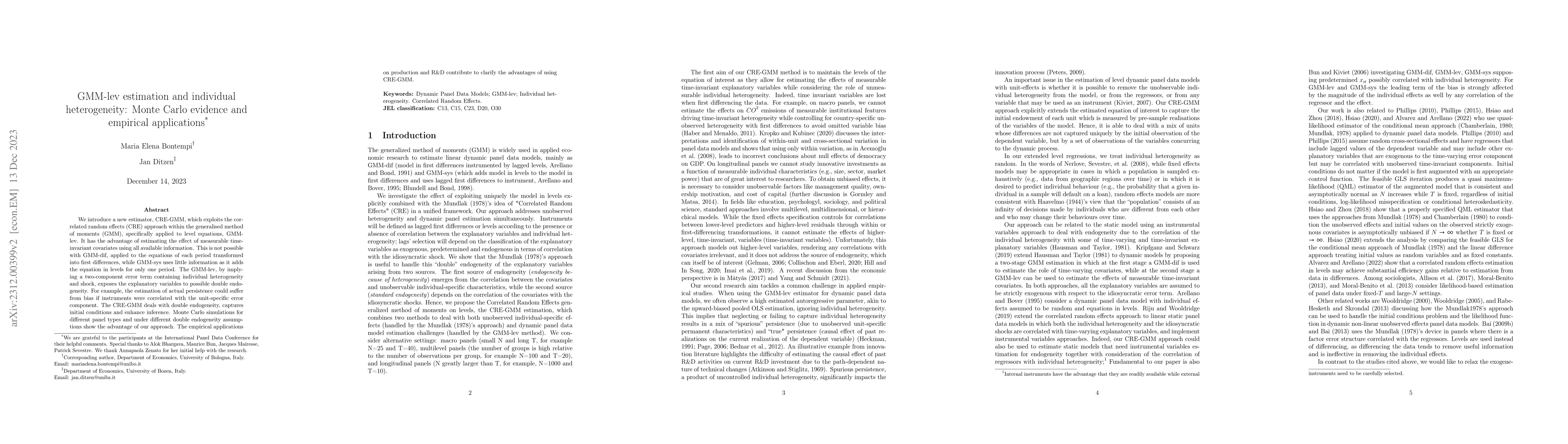 Thumbnail for GMM-lev estimation and individual heterogeneity: Monte Carlo evidence
  and empirical applications