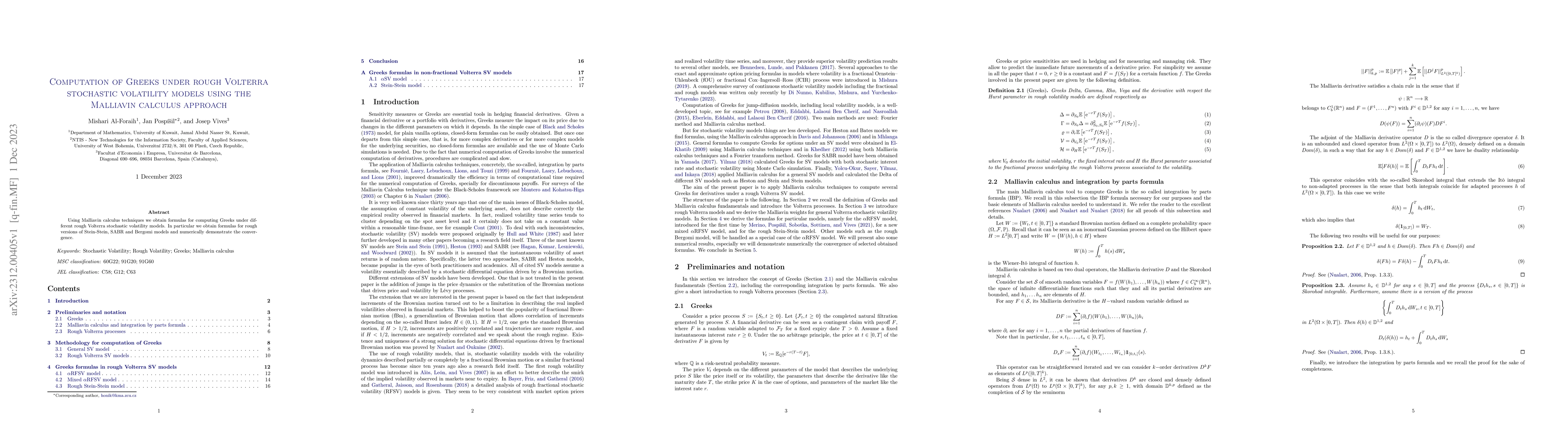 Thumbnail for Computation of Greeks under rough Volterra stochastic volatility models
  using the Malliavin calculus approach