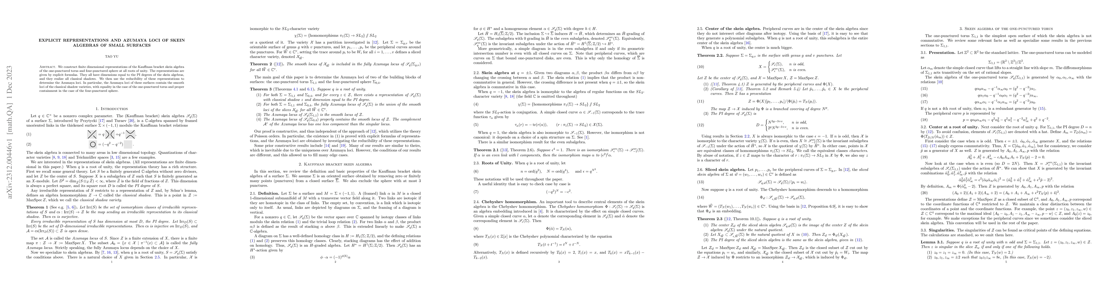 Thumbnail for Explicit representations and Azumaya loci of skein algebras of small
  surfaces