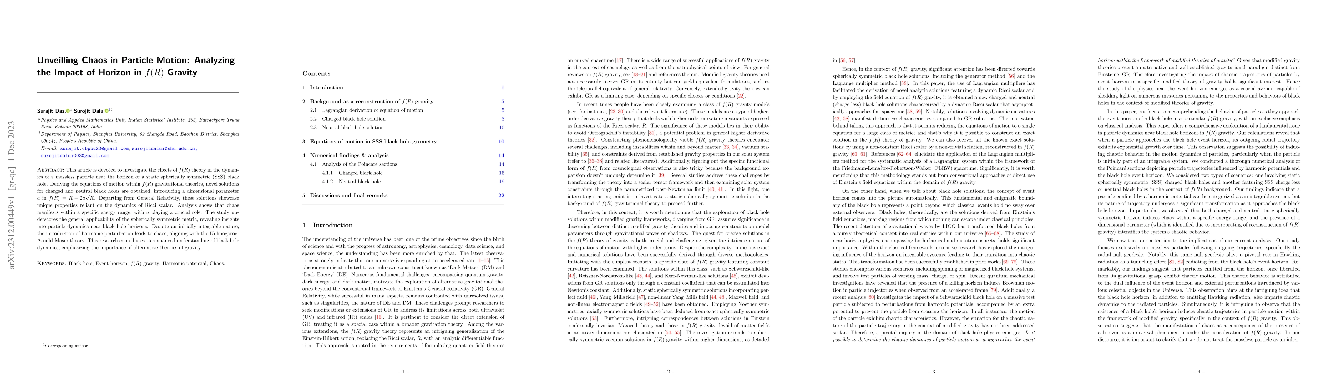 Thumbnail for Unveilling Chaos in Particle Motion: Analyzing the Impact of Horizon in
  $f(R)$ Gravity