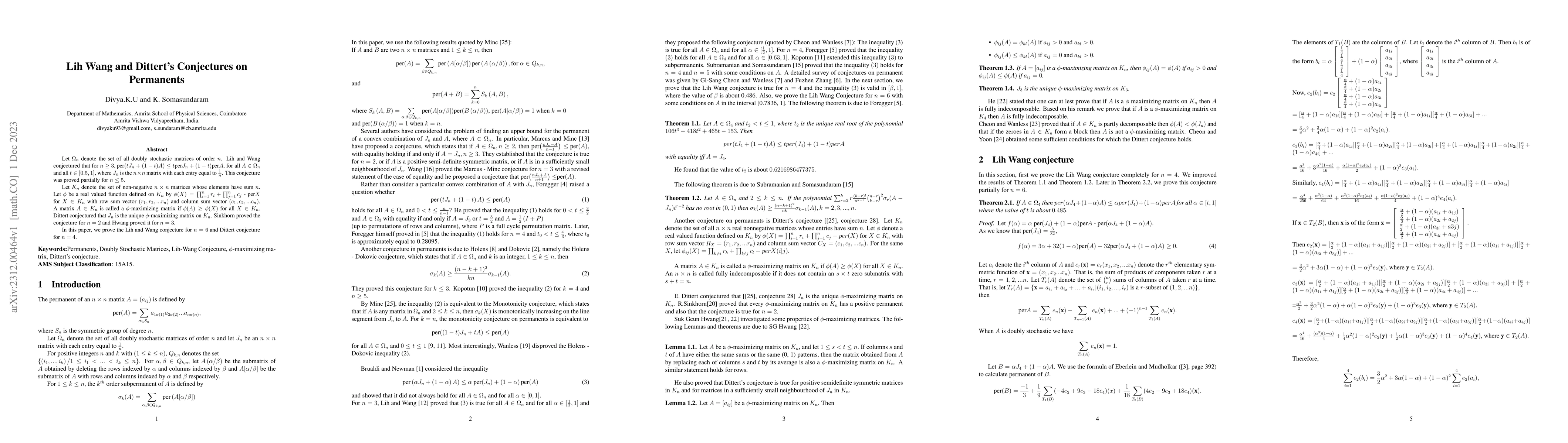 Thumbnail for Lih Wang and Dittert Conjectures on Permanents