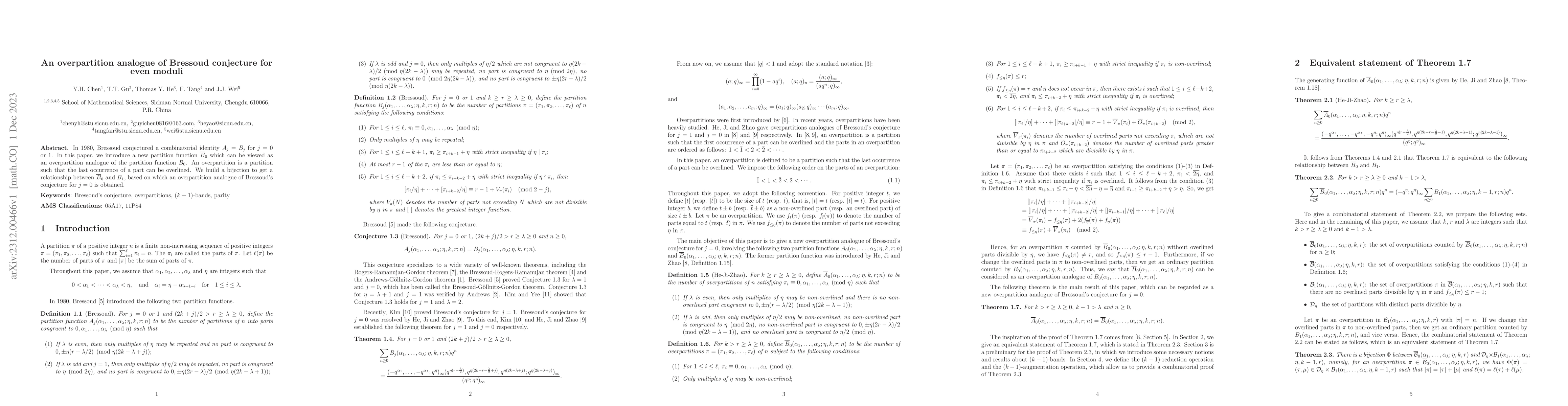 Thumbnail for An overpartition analogue of Bressoud conjecture for even moduli
