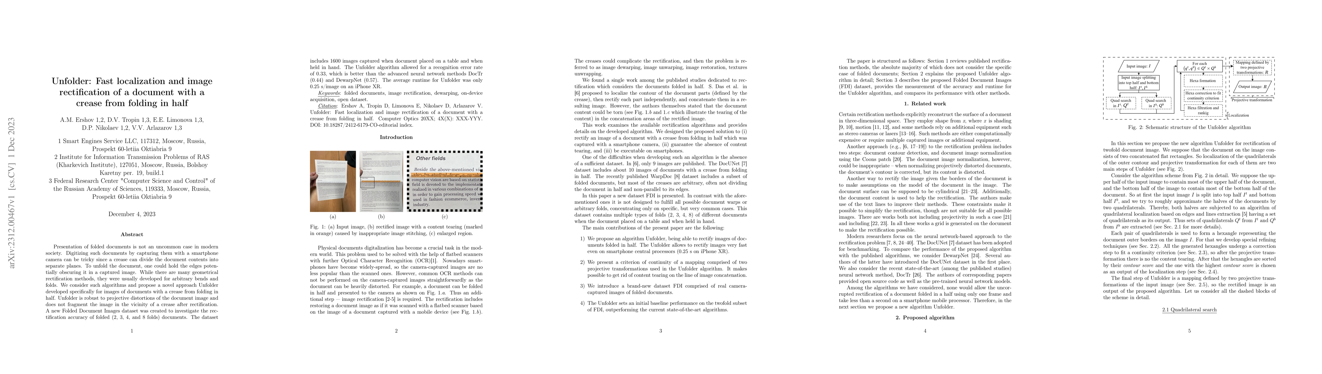 Thumbnail for Unfolder: Fast localization and image rectification of a document with a
  crease from folding in half