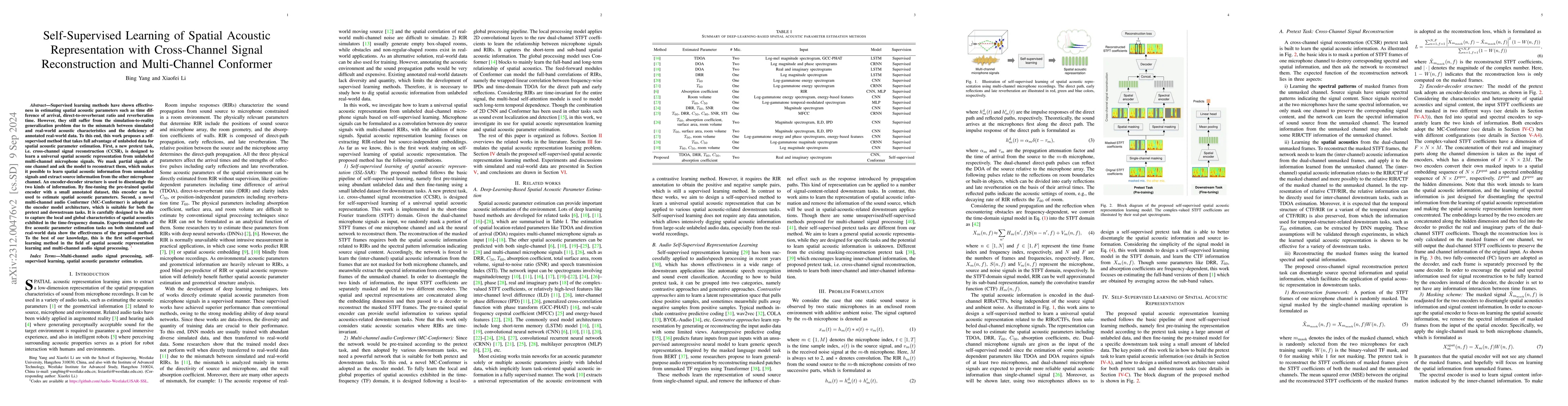 Thumbnail for Self-Supervised Learning of Spatial Acoustic Representation with
  Cross-Channel Signal Reconstruction and Multi-Channel Conformer