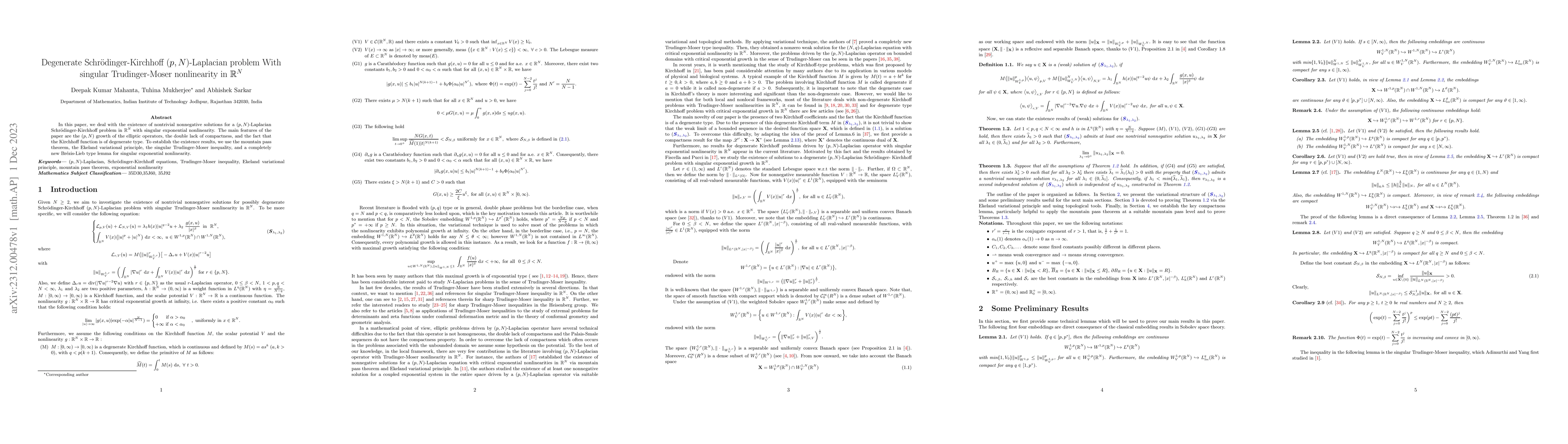 Thumbnail for Degenerate Schr{\"o}dinger-Kirchhoff $(p, N)$-Laplacian problem With
  singular Trudinger-Moser nonlinearity in $\mathbb{R}^N$