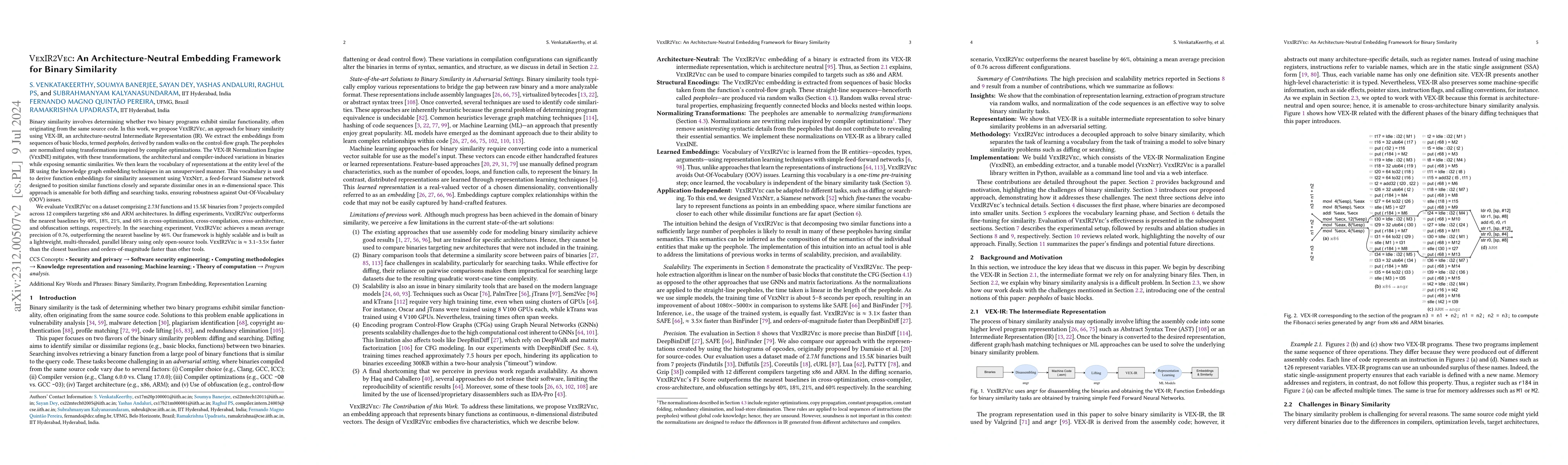 Thumbnail for VEXIR2Vec: An Architecture-Neutral Embedding Framework for Binary
  Similarity
